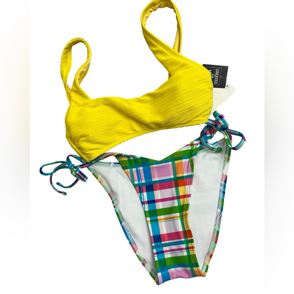 Bright Yellow Bikini Top with Plaid Bottom size small